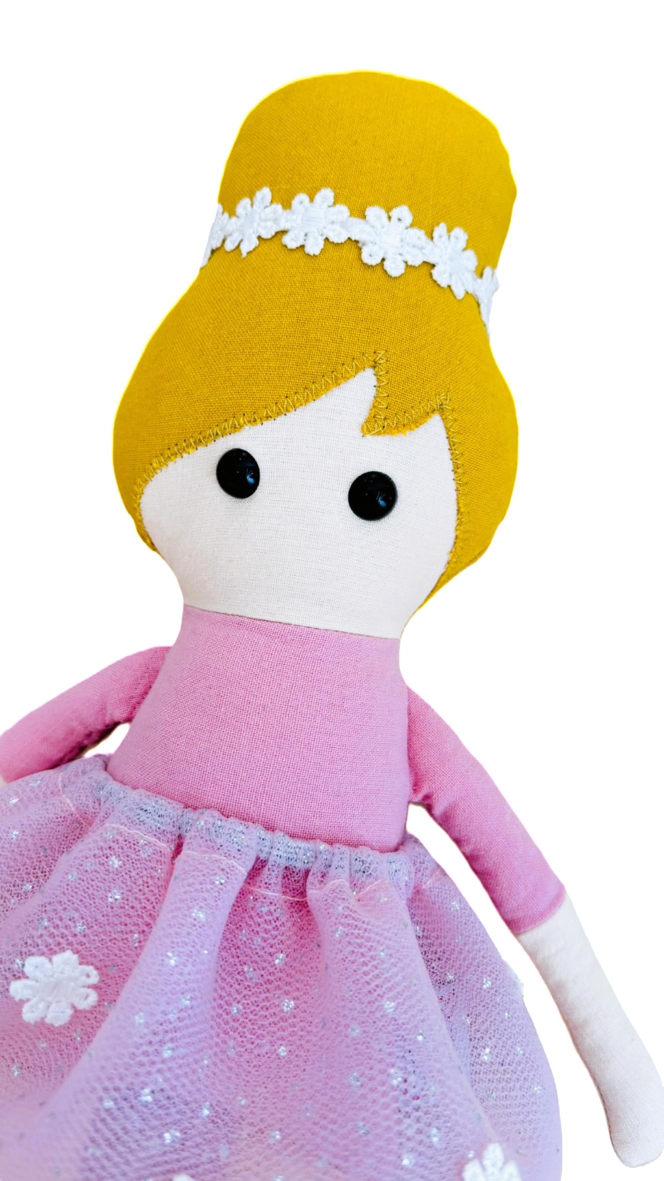 Ρόζα, Υφασμάτινη Κούκλα Μπαλαρίνα (35 εκ.) | Ροζ Τούλι & Λουλούδια | Κέντημα Ονόματος