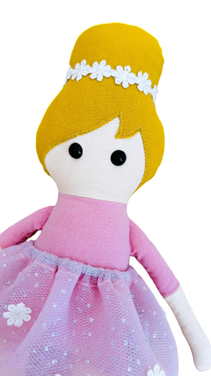 Ρόζα, Υφασμάτινη Κούκλα Μπαλαρίνα (35 εκ.) | Ροζ Τούλι & Λουλούδια | Κέντημα Ονόματος