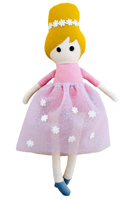 Χειροποίητη κούκλα μπαλαρίνα (39 εκ.) με ροζ τούλινη φούστα, λουλούδια και ξανθά μαλλιά.