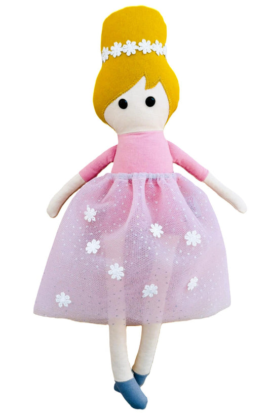 Χειροποίητη κούκλα μπαλαρίνα (39 εκ.) με ροζ τούλινη φούστα, λουλούδια και ξανθά μαλλιά.