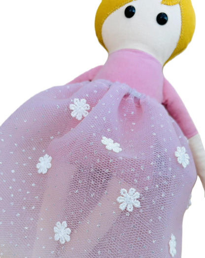 Ρόζα, Υφασμάτινη Κούκλα Μπαλαρίνα (35 εκ.) | Ροζ Τούλι & Λουλούδια | Κέντημα Ονόματος