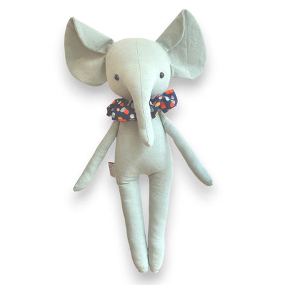 Kibi, Χειροποίητο Υφασμάτινο Ελεφαντάκι (40 εκ.) | Γκρι-Πράσινο με Πολύχρωμο scrunchie| Δώρο για Βρέφη και νήπια