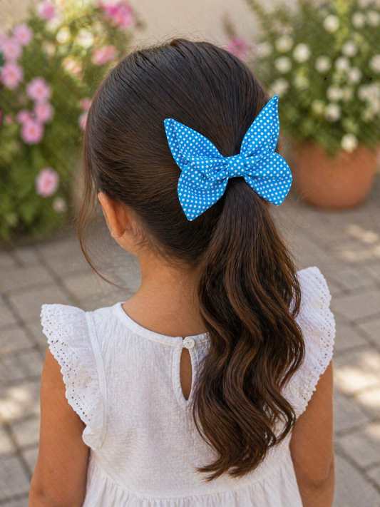 Χειροποίητο Υφασμάτινο Λαστιχάκι Μαλλιών Πεταλούδα - Βαμβακερός Φιόγκος γαλάζιο πουά